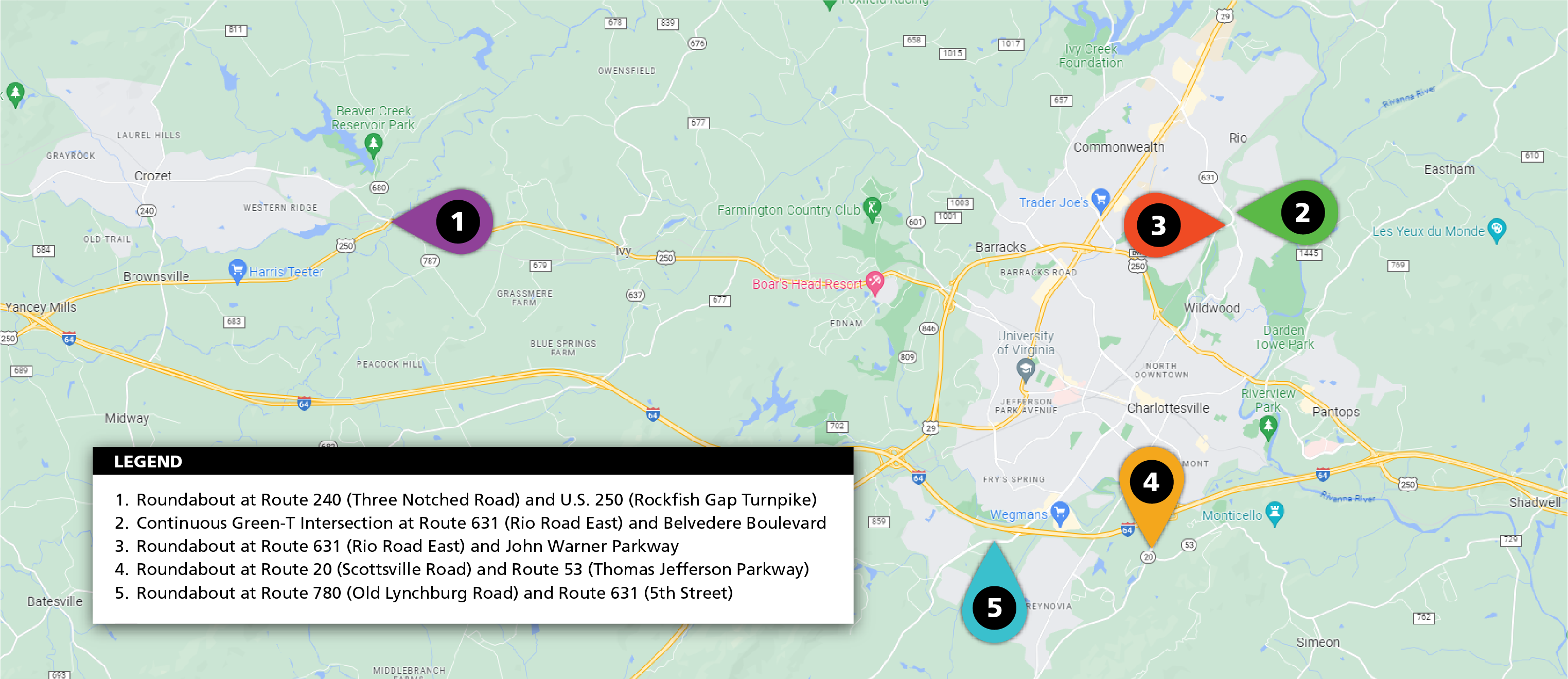 Map indicating five Albemarle County intersections to be improved through this design-build bundle